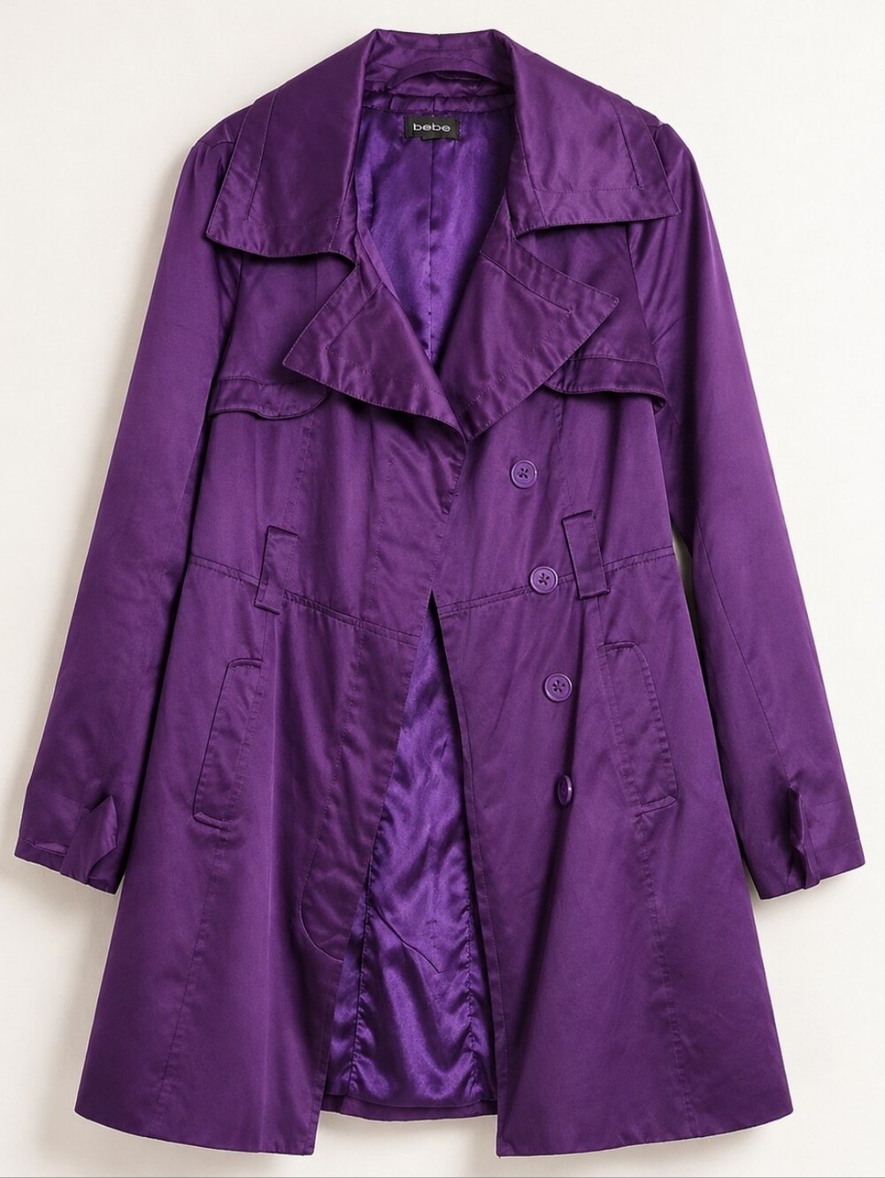 Vintage Y2K bebe Royal Purple Satin-Finish Flared Trench Coat Size Small